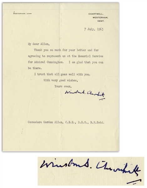 Winston Churchill Letter Signed Regarding the Death of WWII Admiral Andrew Cunningham